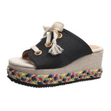 Breakj Summer New Slope Hedley Woven Slippers Women's Large-Size Grass Tie With High-Heeled