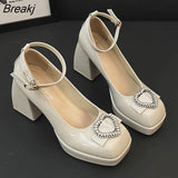 Spring New Mary Jane Shoes Women Square High Heel Pumps Shoes Fashion Ankle Strap Ladies Elegant Office Lady