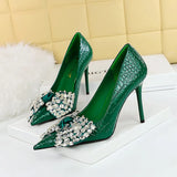 Breakj Korean Version Of Fashion Banquet High Heels Fine Heel Super High Heel Shallow Mouth Pointed Water Diamond Bow Single Shoe
