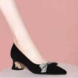 Women's Summer Footwear Diamond Shoes for Woman 2023 Evening with Bow Black Pointed Toe Rhinestone Crystals Medium Heels