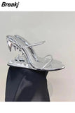 Metal Special-shaped High-heeled Women Sandals 2023 New Runway Woman Shoes Summer Double Thin Strap Open Toe