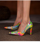 High Heels Pumps Satin New Stiletto Heels Abstract Printing Classic Pointed Toe Ladies Sexy High Heels Shoes