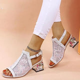 New Women Summer Fashion Mid Heels Peep Toe Shoes for Women Glitter Sandals Ladies Buckle Strap Bling Rhinestone