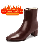 Women Snow Boots with Fur Split Cowhide Block Heel ZIP Genuine Leather Fall Winter Short Ankle Boot Black Booties Shoe Size