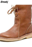 2023 Women Winter Mid Calf Boots Leather Snow Boots Lace Up Plush Fur Warm Slip-on Ladies Shoes Square Heel Short