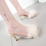 Slippers Summer 2021 New Fashion Hairy Stiletto Sandals & Slippers Women Word Drag Open Toe Wear High Heel Slippers