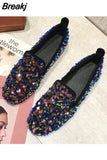 Women Flat Glitter Sneakers Casual Female Slip-On Bling Platform Comfortable Plus Size Loafer Shoes