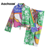 Women Vintage Printed 2 Piece Set Bow Tie Long Sleeve Turn Down Collar Blouse Shirt High Waist Knotted Back Zipper