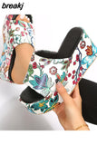 Print Chunky Platform Slippers Women Fashion Flower Thick Bottom Slides Woman Pu Leather Flip Flops Summer Female