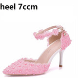 Queen Women Lace High Heels Banquet Wedding Shoes Bridal Sandals Pointed Sweet Wild Single Pumps Large