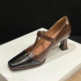 Mary Janes Shoes Women 2024 Spring Pumps Square Toe Chunky Heel Leather Shoes Women Classics Elegant Mid-heel High