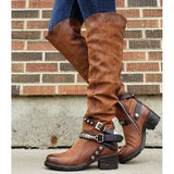 Women Winter Leather Punk style knee boots Vintage stud zip Women's boots with belt buckle Plus Size