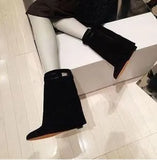 Lock Folded Woman Wedge Boots Black Leather Belt Height Increasing Knee High Boots Pointed Toe Winter Long Boots