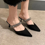 Crystal Strap Mule Shoes for Women 2023 Black White Pointed Toe Party Wedding Shoes Woman Luxury Stiletto Heels