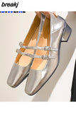 Soft Leather Mary Jane Shoes Female Retro Block Heel Square Toe Work Pumps New One-Word Buckle Strap Mid-Heel High