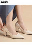 Newest Women's Leather Thick Heel Single Shoes Ladies Pointed Toe Shallow High Heels Work Pumps Eu 35-41 Black