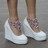 Queen Ankle Strap Wedges Pumps Large Size Bridal Women Rhinestone Platform Shoes Mary Jane High