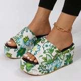 Print Chunky Platform Slippers Women Fashion Flower Thick Bottom Slides Woman Pu Leather Flip Flops Summer Female