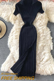 Sexy V-neck Short-sleeved Knit Bodycon Dress Women Casual Summer Slim Elastic High Split Mid-calf Ribbed Long Dress