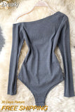 Shoulder Long Sleeve Basic Bodysuit Top Solid Rib Knit Slim Fit Stretch Spring Autumn Women Sexy Skinny