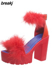 Furry Sandals High Heels with Fur Female Platform Pumps Women Ankle Strap Women's Wedge Shoes 2023