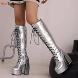 Knee High Boots Women 14.5cm Thick Heels Glossy Patent Leather Punk Lace-up Comfy Zip Platform Shoes Large Size