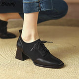 Retro Knitted Slim British Leather Shoes Square Toe Lace-up Deep Mouth Single Shoe Thick Heel High Heels Women 34-39