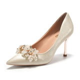 Women's Pearls High Heels Pumps 2024 Elegant Silk Thin Heeled Wedding Shoes Woman Slip On Pointed Toe Party Dress