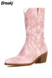Women's Western Boots 2023 Autumn Winter Fashion Chunky Heeled Cowboy Boots Vintage Style Country Western Cowgirl White