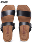 2023 Summer Women Beach Med Heel Cork Slippers Casual PU Leather Wedge Platform