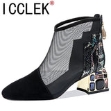 NEW Mesh Sandals Boots Women Mesh Ankle Boot for Summer Mid Heel Rhinestone Ponited Toe Shoes Hollow Out Back Zip