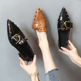 Spring New Women Pointed Toe Rivet Thick Heels Loafer Retro British Style Belt Buckle Slip on Chunky High Heels Women