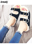 Unisex Plush Cork Slippers 2023 Women Casual Double Buckle Nubuck Leather Non-slip Men Outside Slides