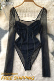 New Stylish Black Bodysuits for Women Sexy See Through Mesh Patchwork Long Sleeve Square Collar Slim Stretch Body