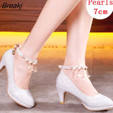Wedding Bridal Shoes for Women Autumn Round Toe Block Heels Rhinestone Pearl Platform High Quality Pumps Woman's