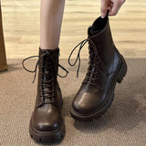 PU Leather Ankle Boots for Women Thick Heels Platform Combat Booties Woman 2023 Autumn Fashion Lace Up Motorcycle