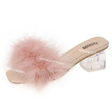 Breakj High-Heeled Slippers Women's Hairy Cool Drag Crystal Coarse And Net Red Summer Fashion Wear Half-Dragging Women's Shoes