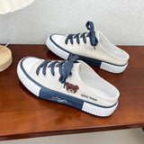Women Cute Bear Canvas Shoes New Flat Casual All-match Half Slippers Korean Version Trend Lace Up Ladies Vulcanized