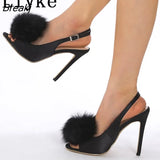 Sexy Slingback Back Buckle Strap Sandals Women Black Faux Fur Peep Toe Gladiator High Heels Summer Shoes Sandalias