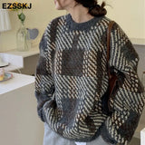 sweater plaid blue oversize Sweater Pullovers Women winter autumn thick O-neck chic 2021 sweater long sleeve
