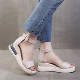 2023 Women Wedges Pu Leather Sandals Buckle Strap Korean Style Solid Platform Side Open Casual Ladies Slingbacks
