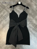 Black Patchwork Bowknot Diamond Sling Dress For Women V Neck Sleeveless Mini Dresses Female Clothing Style New