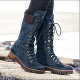 Fashion Women's Mid-Calf Boots Round Toe Western Lace-Up Side Zipper Ladies Boots Comfortable Non-Slip Motorcycle