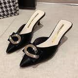 New Women Slippers Mules Pointed Toe Rubber Metal Chains Outsole Slides Footwear Fashion Casual Lady High Heels