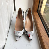 Graphic Print Women White Pointy Toe High Heel Dress Shoes Sexy Ladies Slip On Designer Stiletto Pumps Big Size 43 44