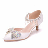 Queen Women Sandals Sexy White 5CM High Heels Bow Luxury Rhinestone Tassels Wedding Party Mary Jane