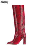 Women's Knee High Boots Tall Canister Sexy Women Boots Pointed Toe Chunky Heel Crocodile Print Women Boots High-heeled