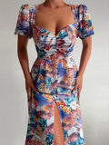 New Puff Sleeve Maxi Boho Dresses Women Sexy Low Chest V Neck Chic Dress 2022 Elegant Pattern Print Button Slit Long Party