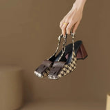 Retro Slingbacks Sandals Women Summer Square Toe High Heels Chunky Heels Dress Shoes for Women Brown Mary Janes