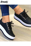 Summer Fashion Women Flats Solid Skateboard Shoes Comfortable Casual Pu Sneakers Female Platform Lace-Up Sneakers